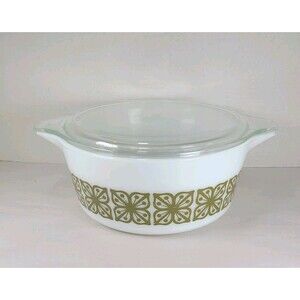 Vintage Pyrex 475-B 2 1/2 Qt. Verde Green Flowers Casserole Dish W/ Lid READ